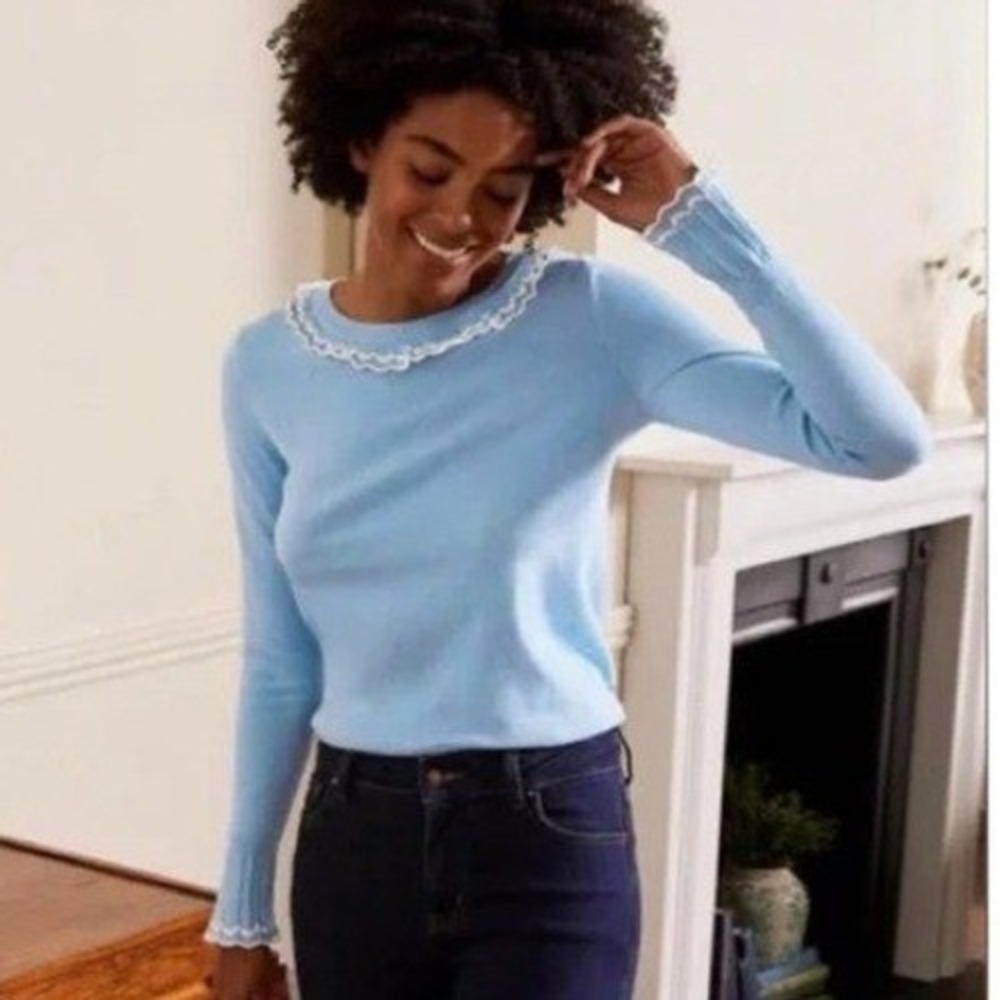 Boden Aimee Pointelle Jumper frosted blue Sweater Ruffle Trim Cotton Wool 6